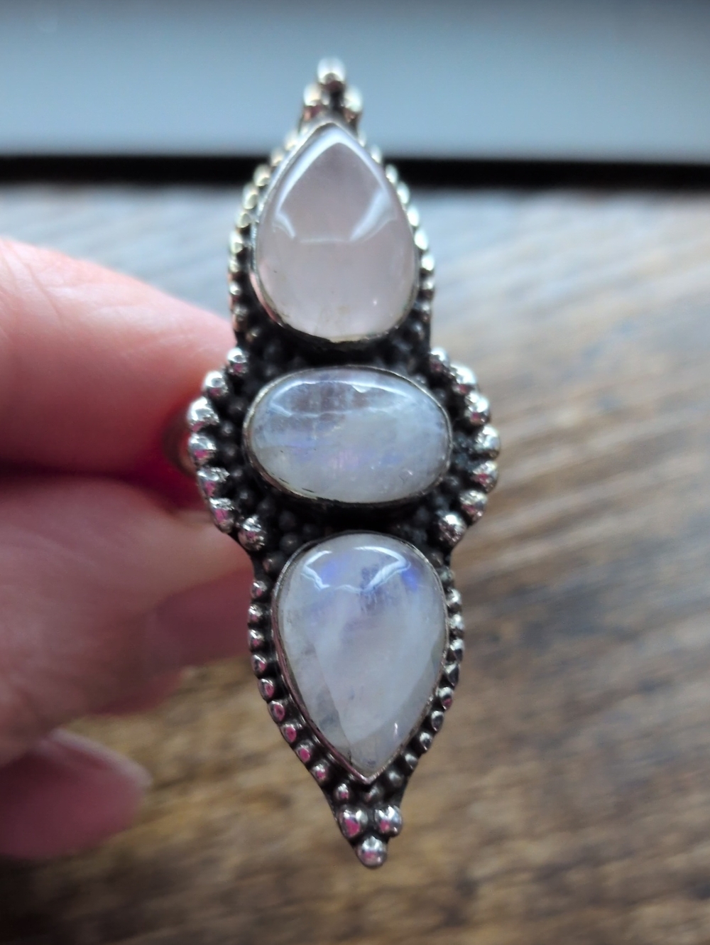 Sterling Silver Moonstone Triple Teardrop Ring - Rose Quartz/Moonstone